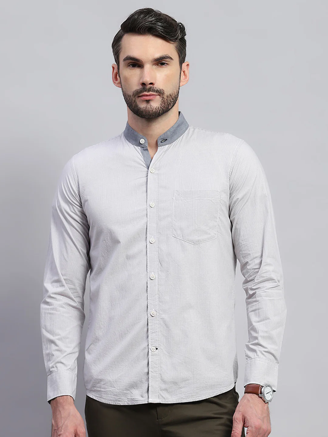 Men Grey Solid Band Collar Full Sleeve Shirt - Image 2