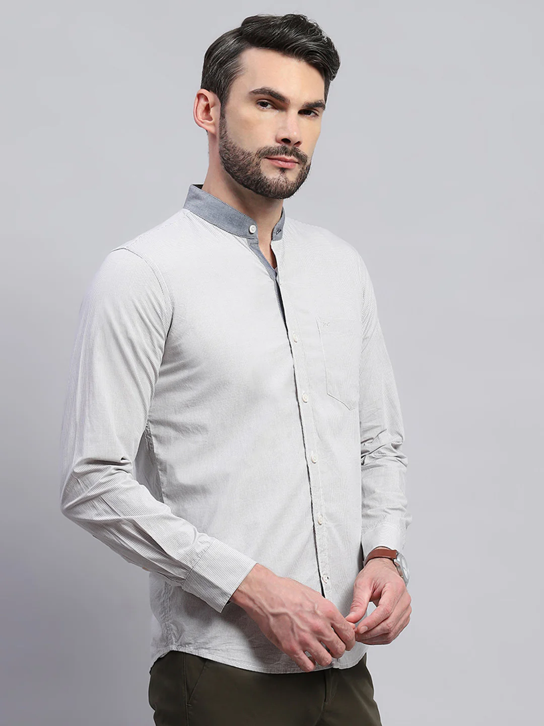 Men Grey Solid Band Collar Full Sleeve Shirt - Image 4