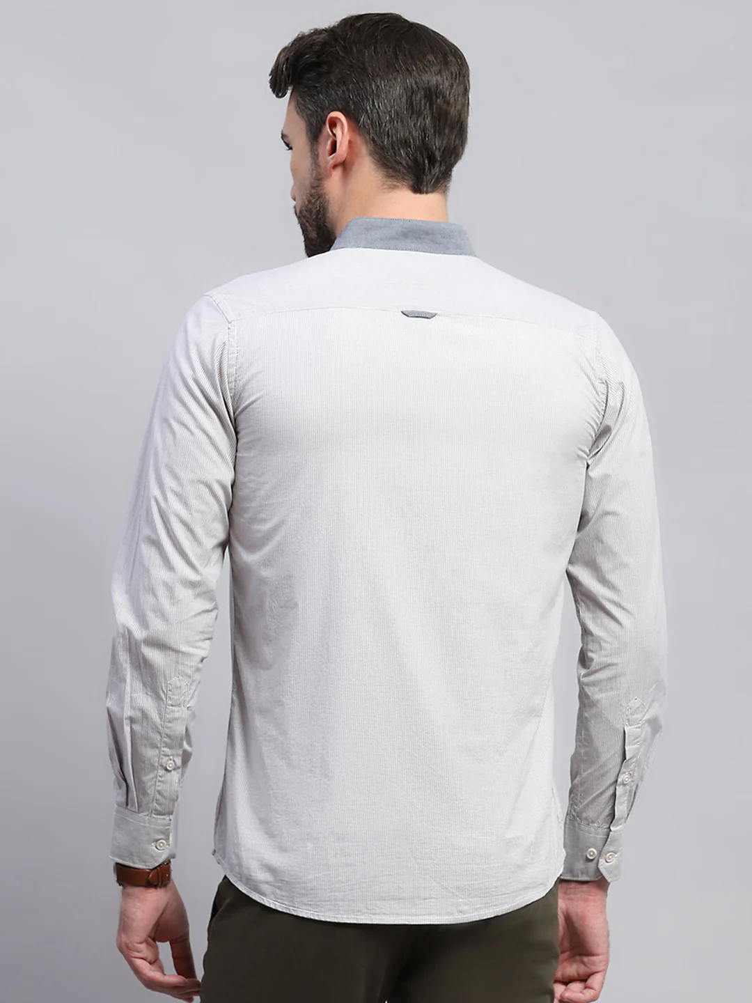 Men Grey Solid Band Collar Full Sleeve Shirt - Image 5