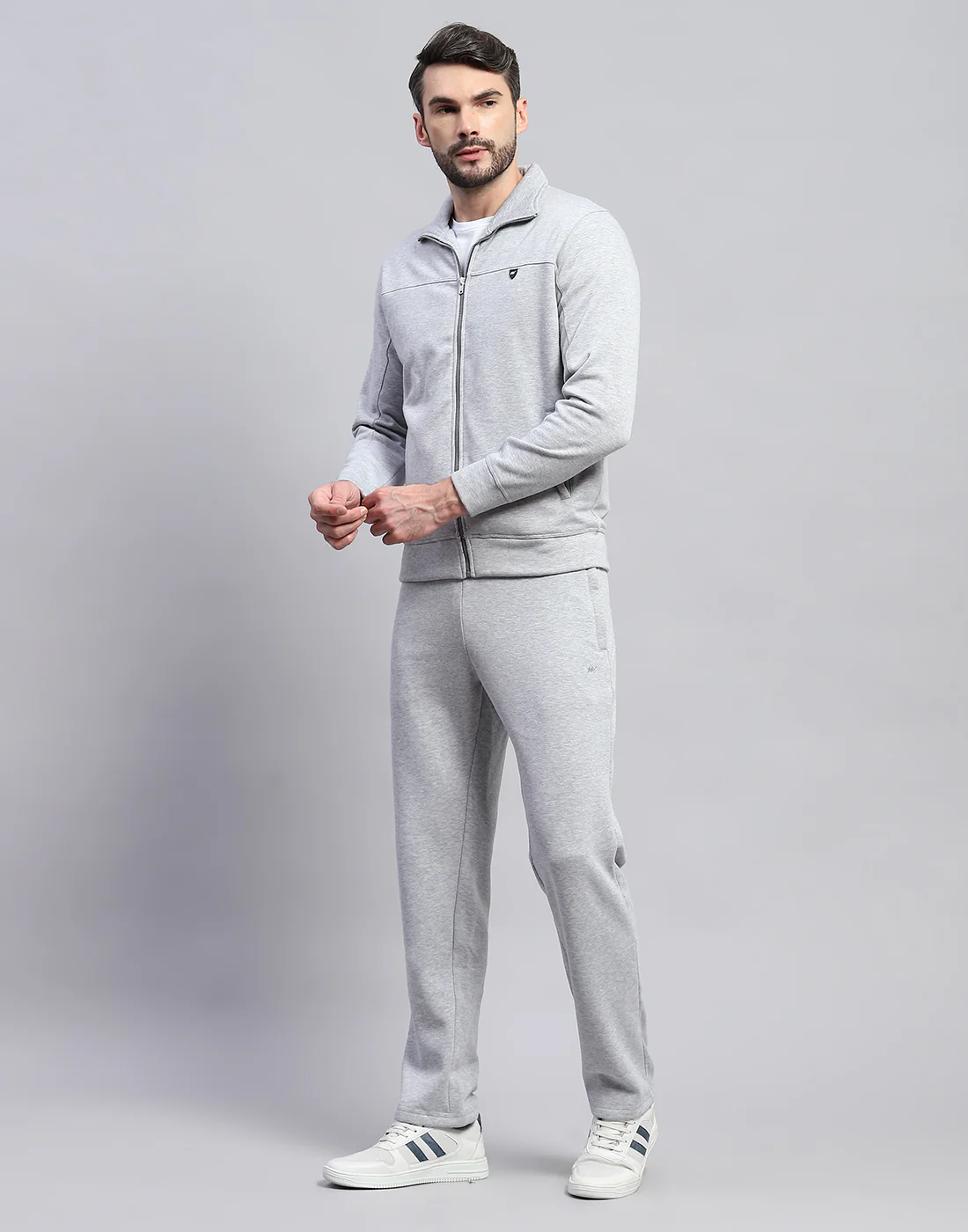 Men Grey Solid Band Collar Full Sleeve Winter Tracksuit - Image 2