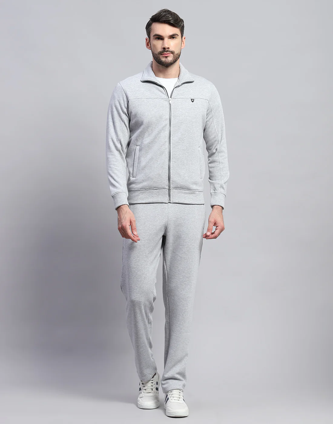 Men Grey Solid Band Collar Full Sleeve Winter Tracksuit - Image 3