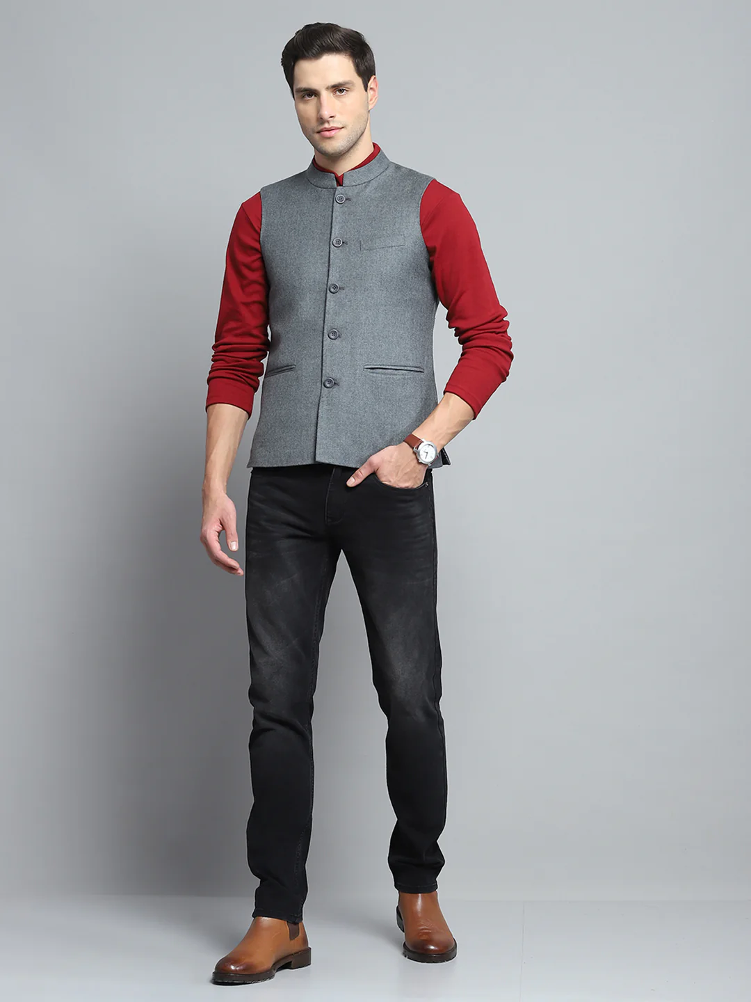 Men Grey Solid Band Collar Sleeveless Nehru Jacket - Image 2