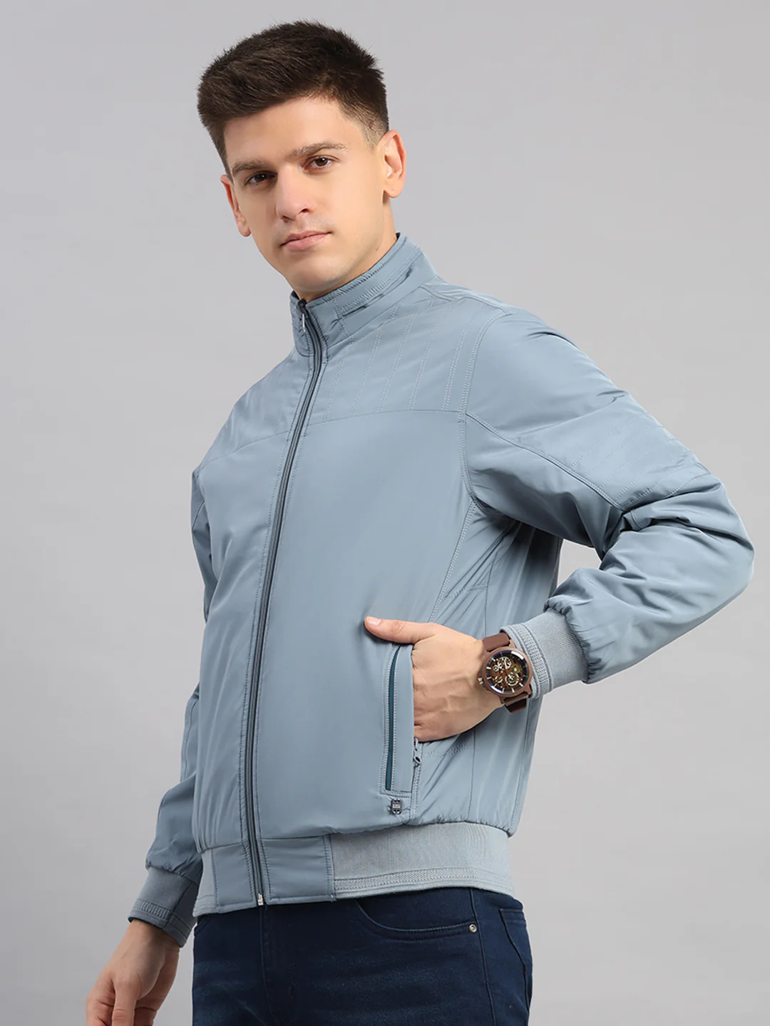 Men Grey Solid Collar Full Sleeve Reversible Jacket - Image 3