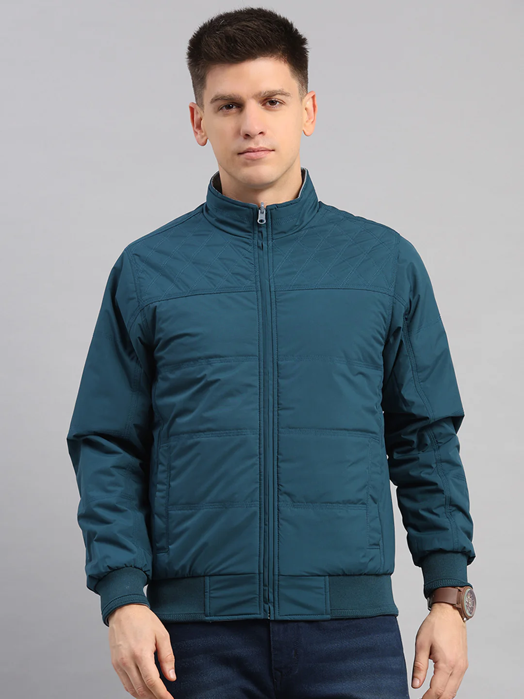 Men Grey Solid Collar Full Sleeve Reversible Jacket - Image 7