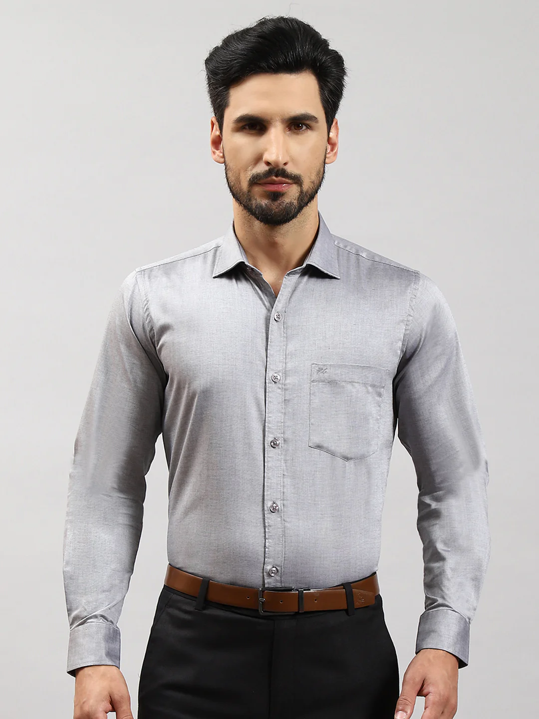 Men Grey Solid Collar Full Sleeve Shirts - Image 2