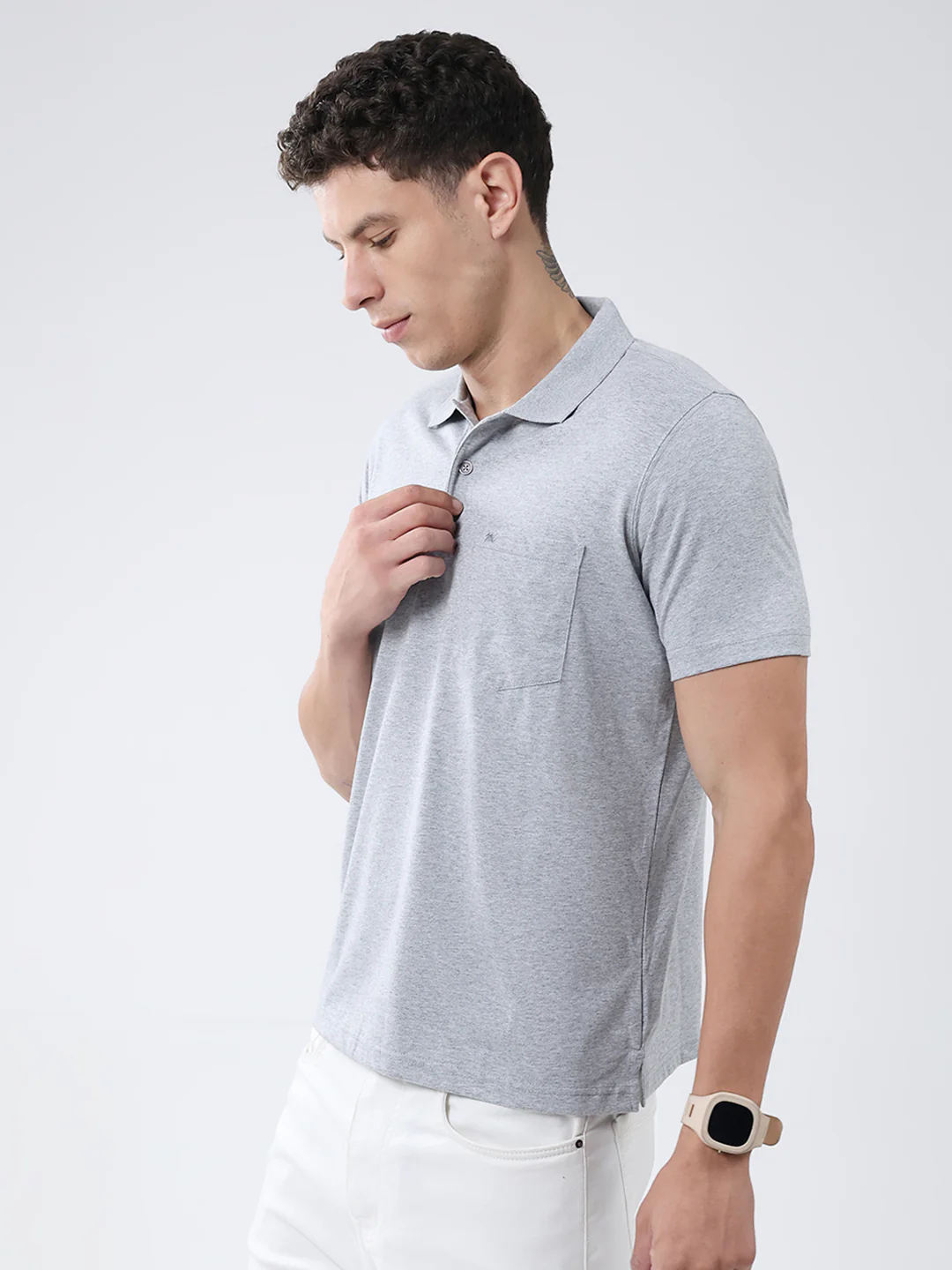 Men Grey Solid Collar Half Sleeve T-Shirt - Image 3