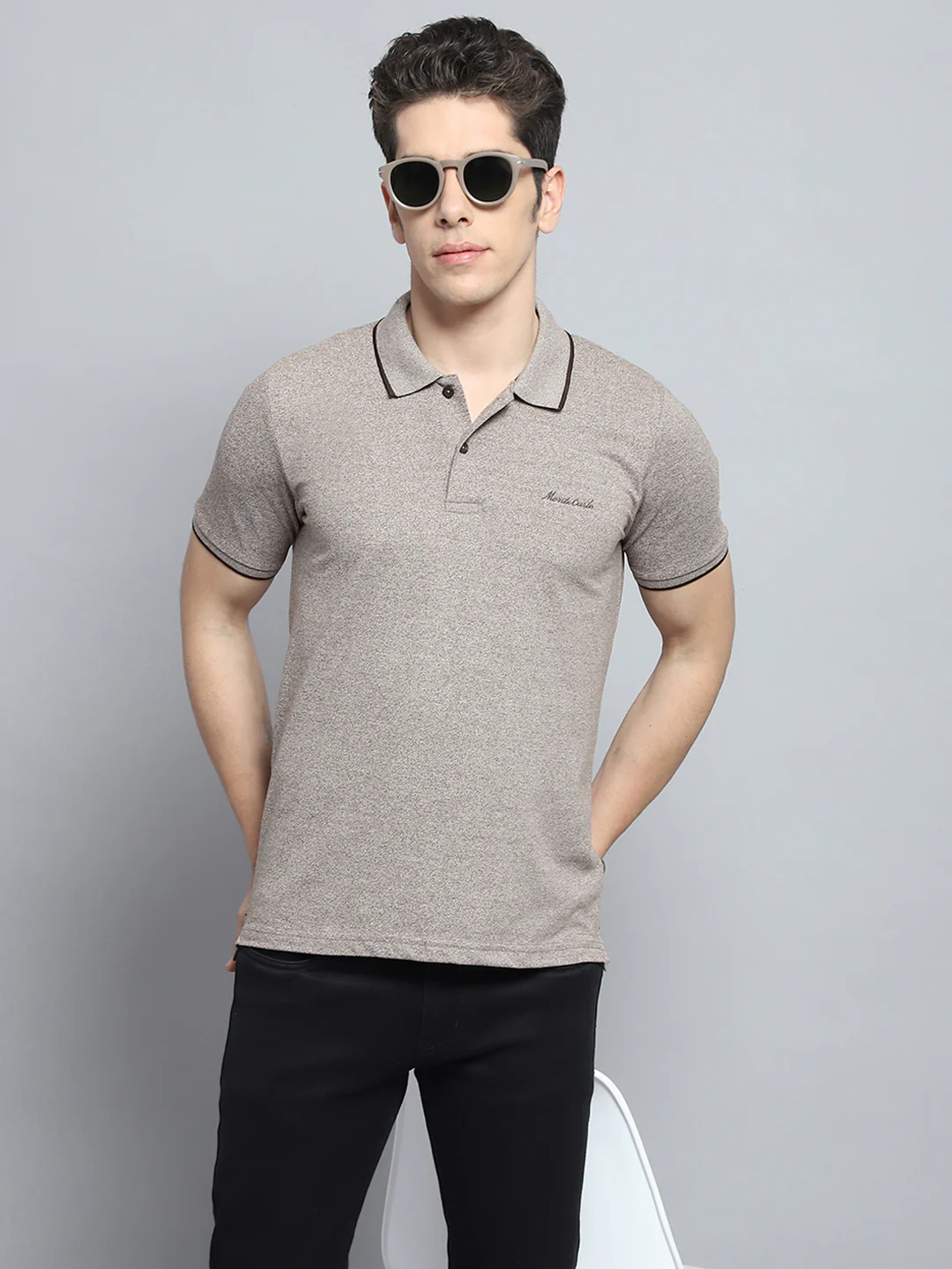 Men Grey Solid Collar Half Sleeve T-Shirt - Image 6