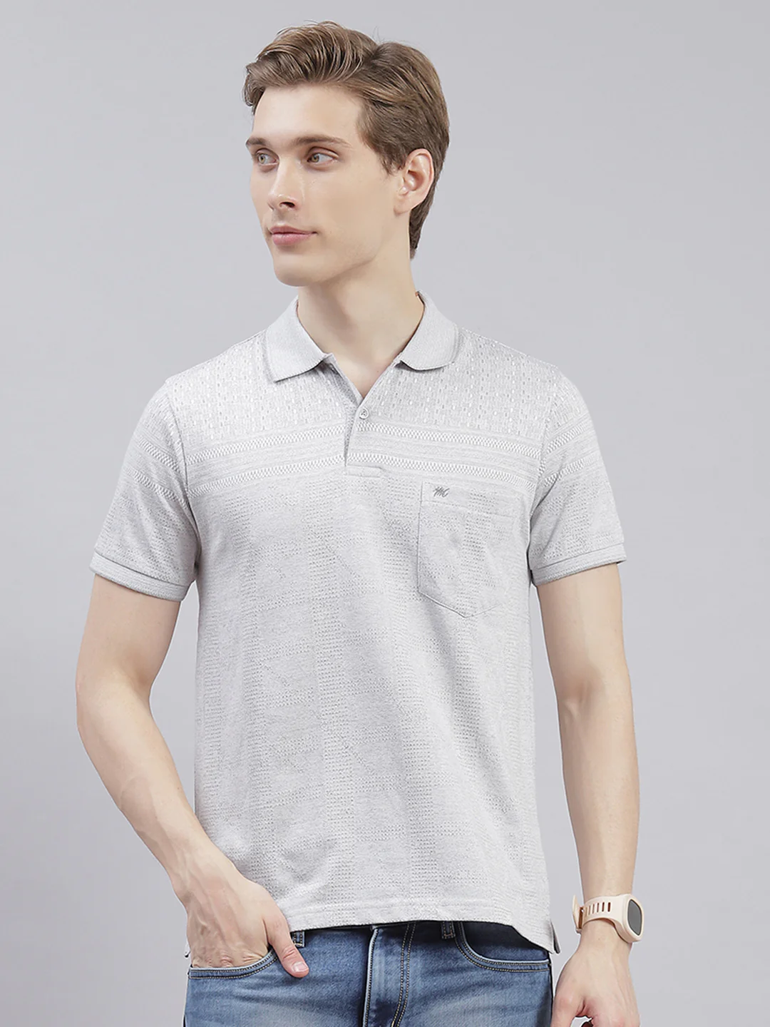 Men Grey Solid Collar Half Sleeve T-Shirts - Image 2