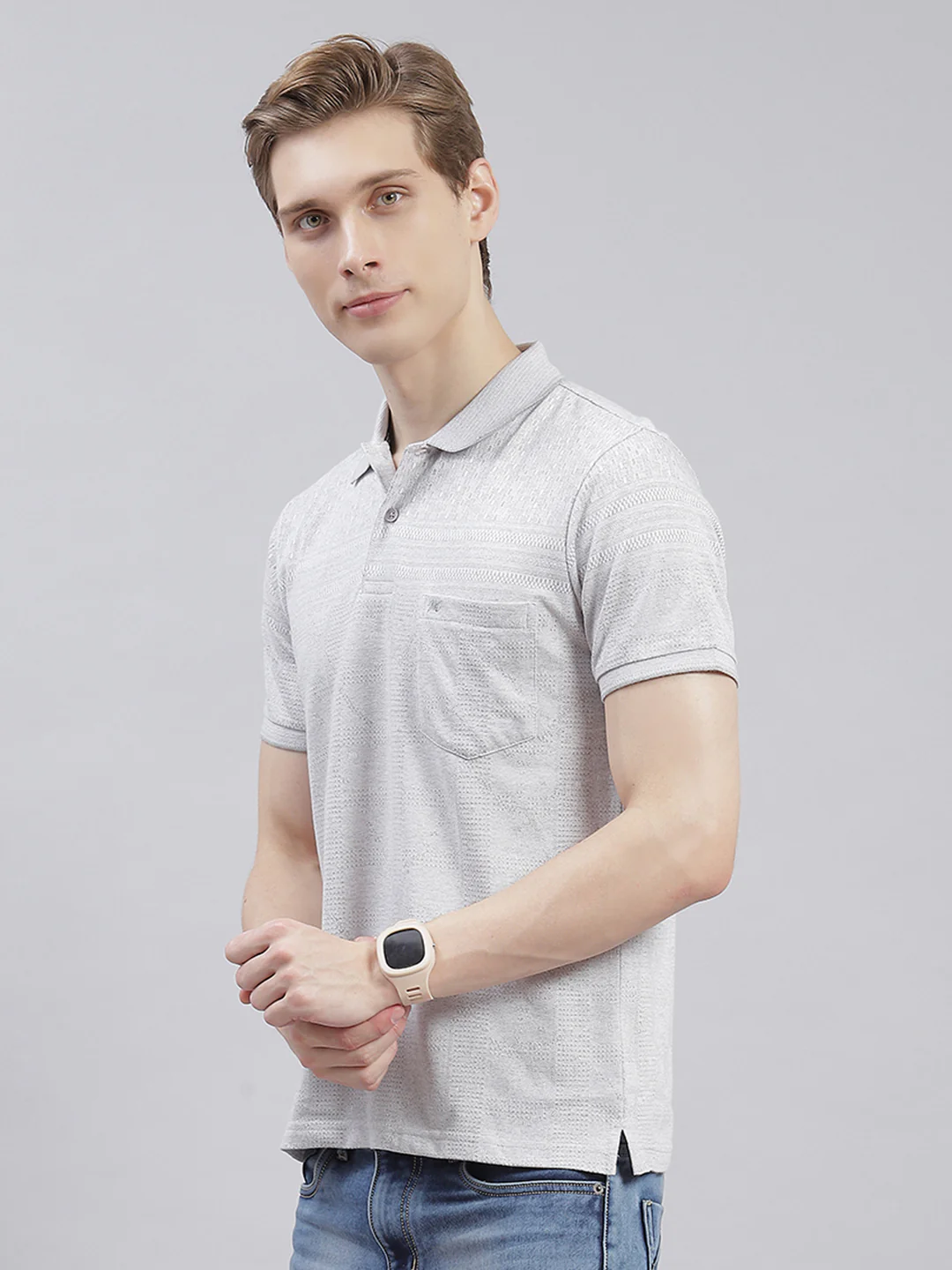 Men Grey Solid Collar Half Sleeve T-Shirts - Image 3