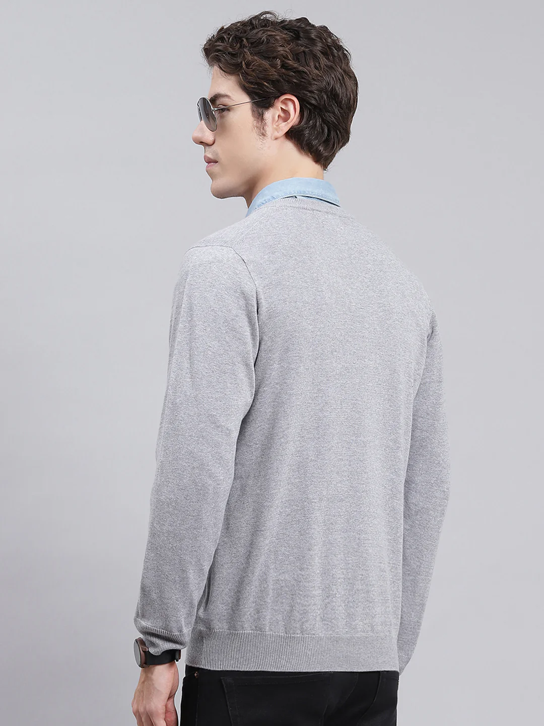 Men Grey Solid Cotton Pullover - Image 5
