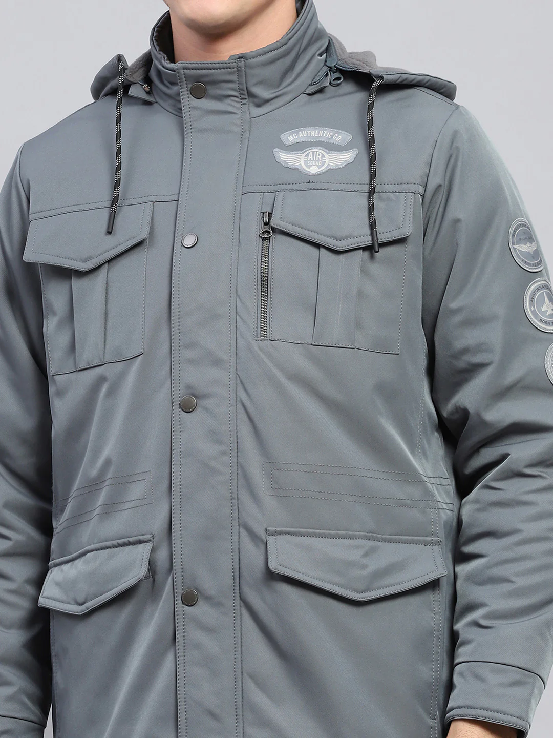Men Grey Solid Detachable Hood Full Sleeve Jacket - Image 6