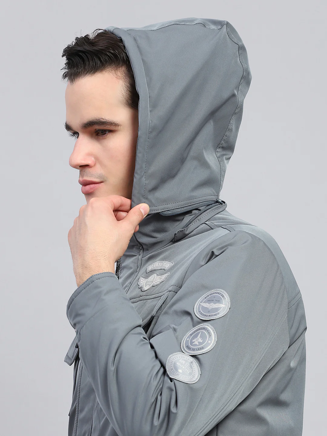Men Grey Solid Detachable Hood Full Sleeve Jacket - Image 7