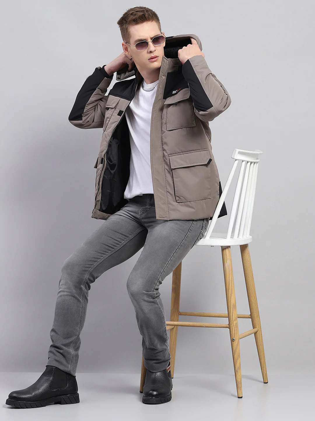 Men Grey Solid Detachable Hood Full Sleeve Jacket - Image 2