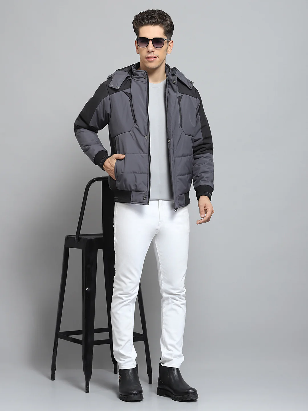 Men Grey Solid Detachable Hood Full Sleeve Jacket - Image 2