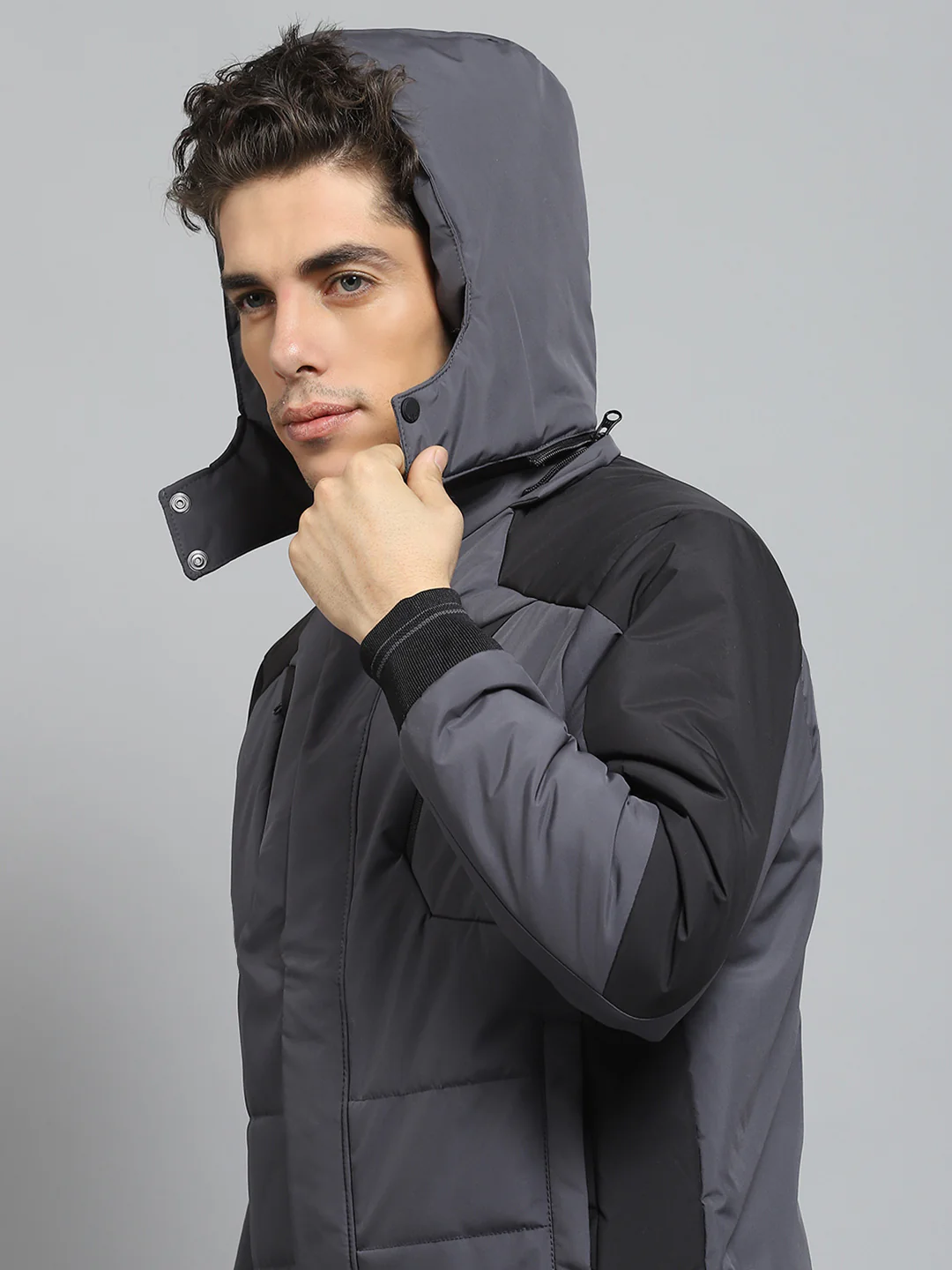 Men Grey Solid Detachable Hood Full Sleeve Jacket - Image 7