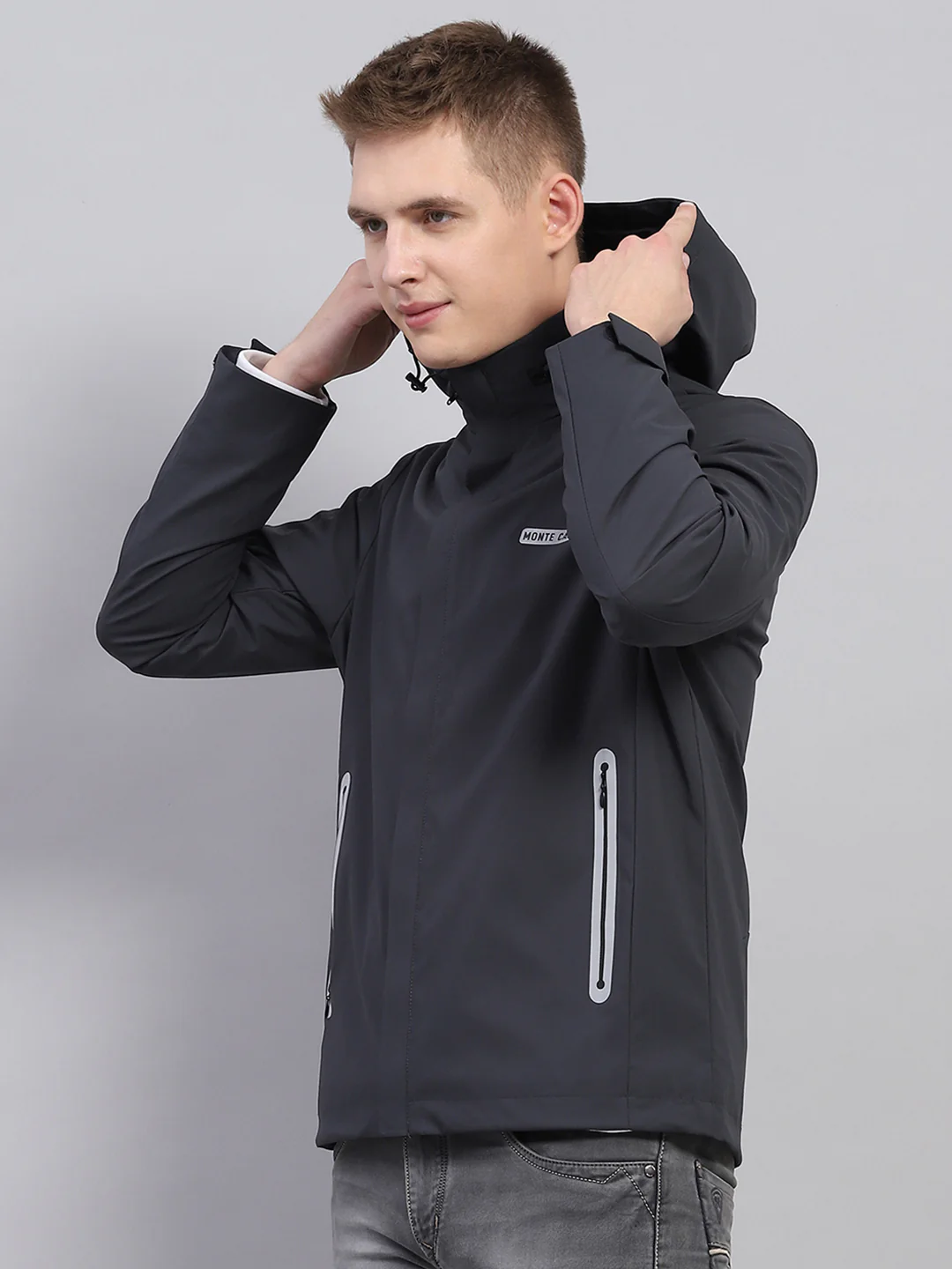 Men Grey Solid Detachable Hood Full Sleeve Jacket - Image 3