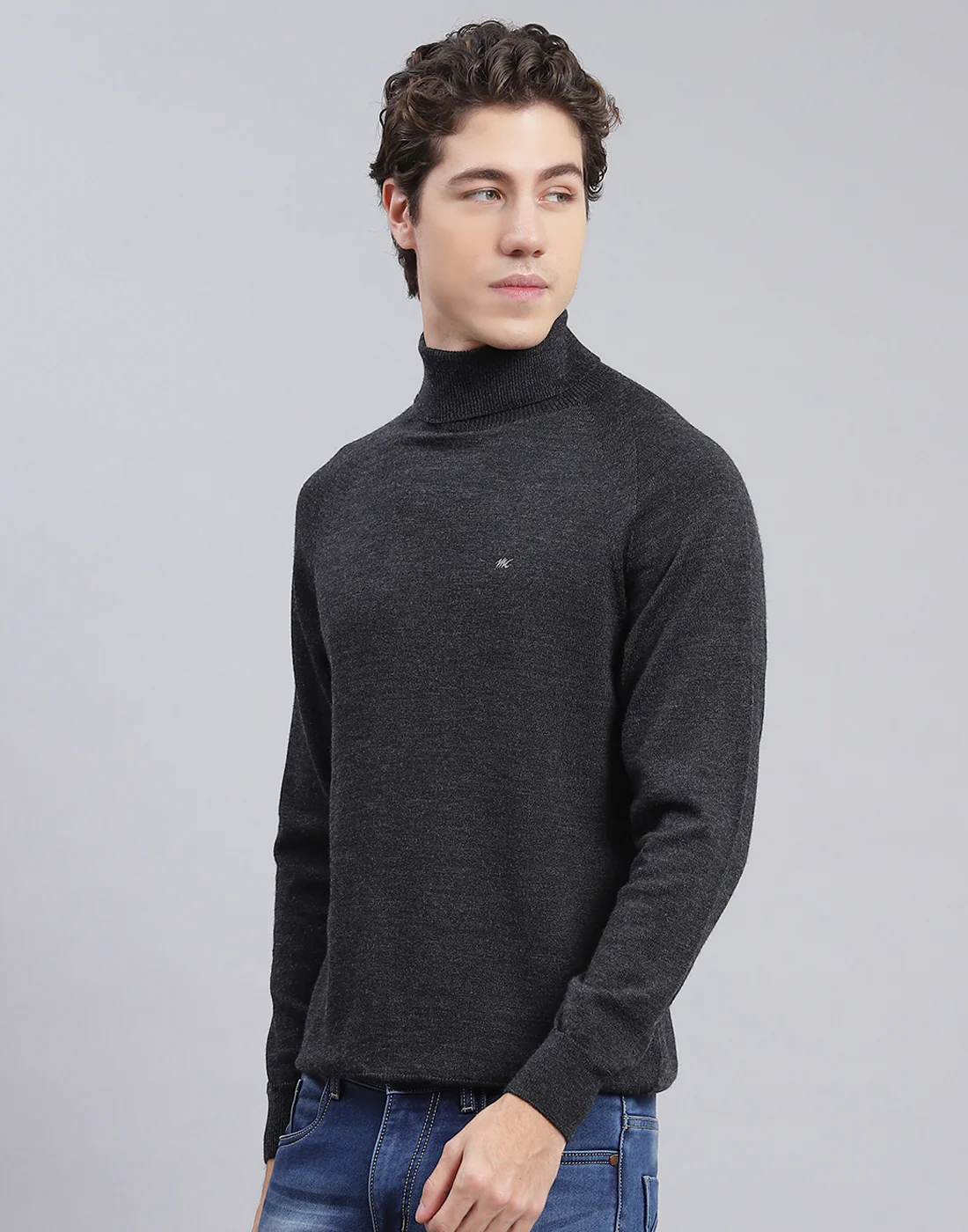Men Grey Solid High Neck Full Sleeve Pullover - Image 3