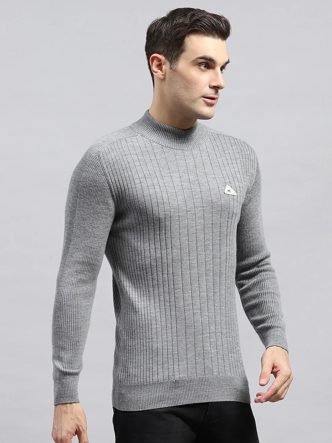 Men Grey Solid High Neck Full Sleeve Pullover - Image 4