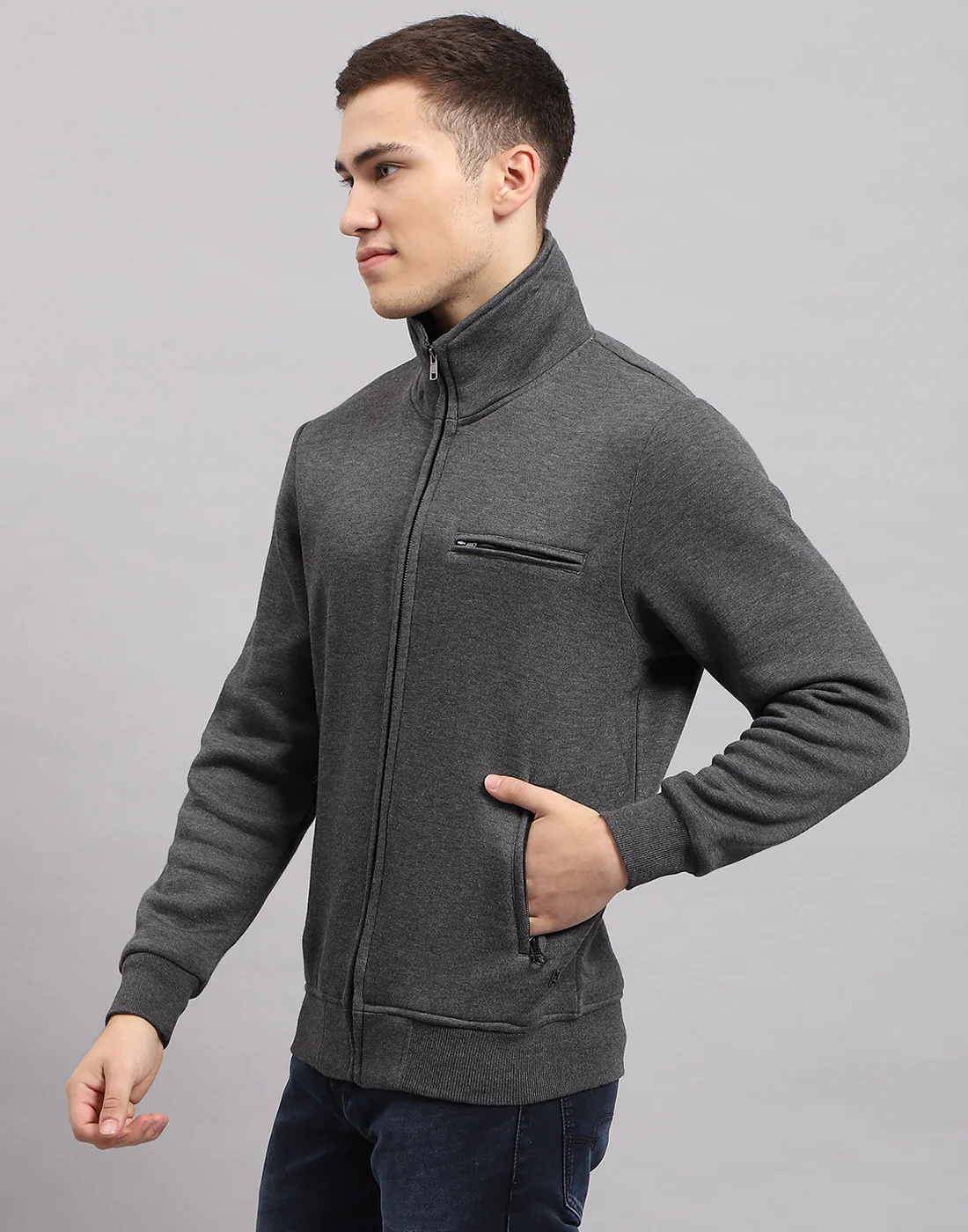 Men Grey Solid High Neck Full Sleeve Sweatshirt - Image 3