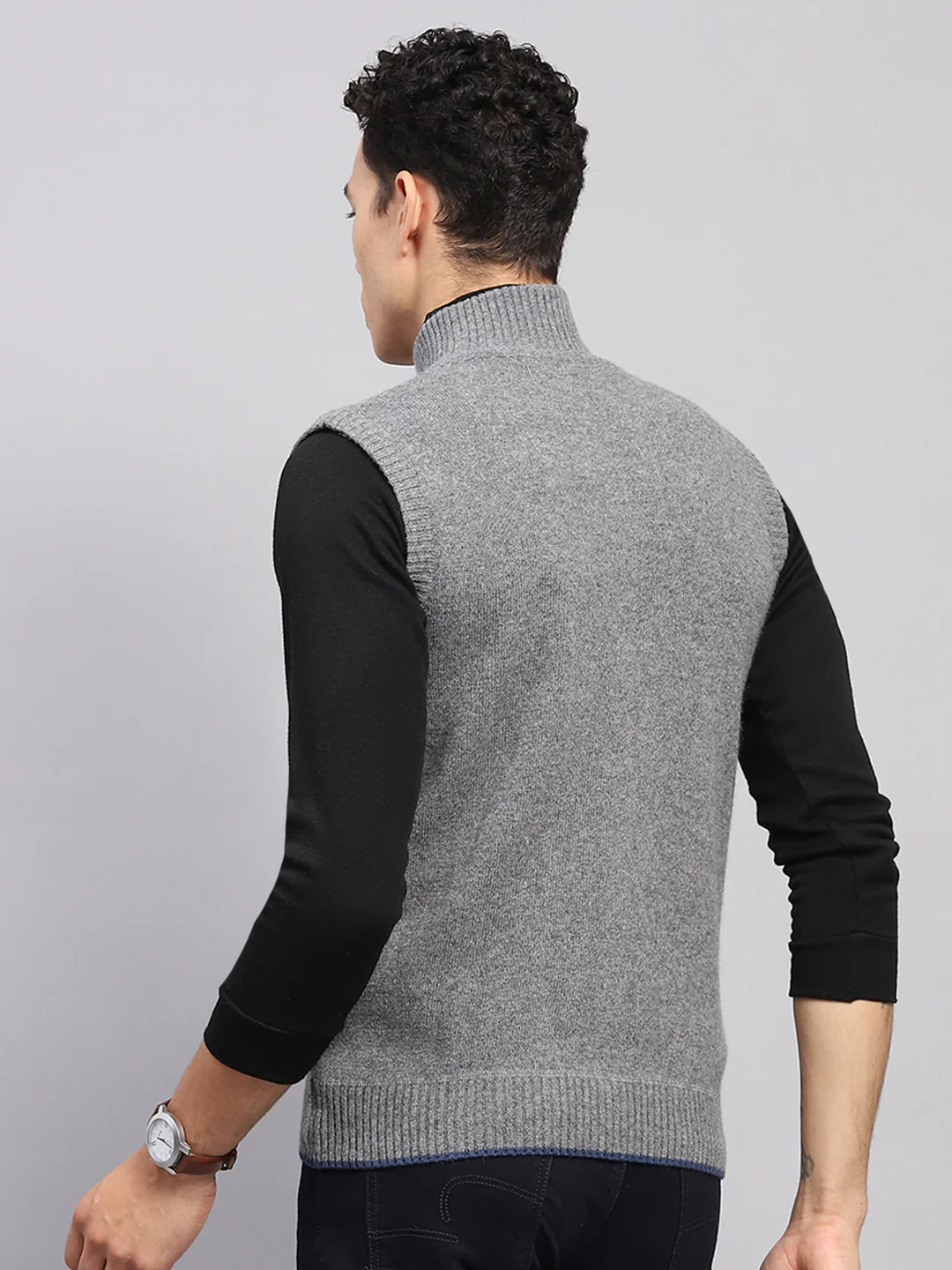 Men Grey Solid High Neck Sleeveless Sweater - Image 5