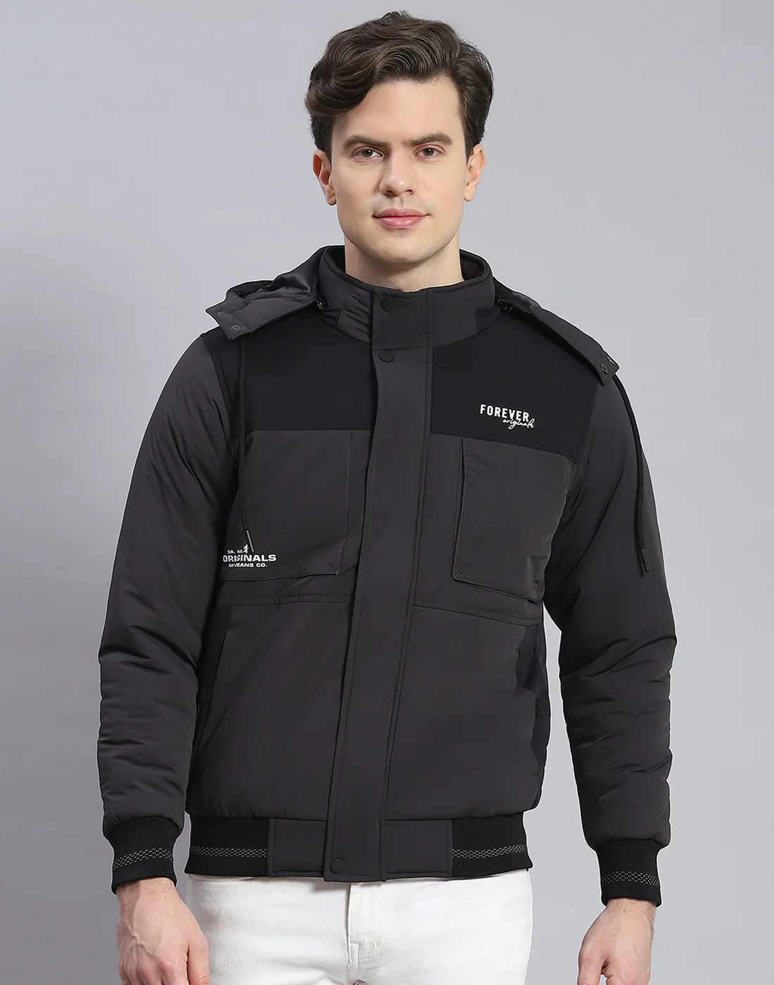 Men Grey Solid Hooded Full Sleeve Jacket - Image 2