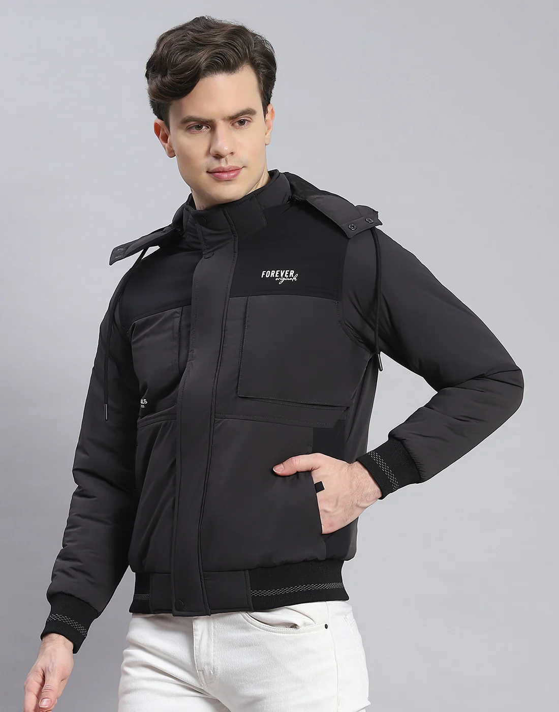 Men Grey Solid Hooded Full Sleeve Jacket - Image 3