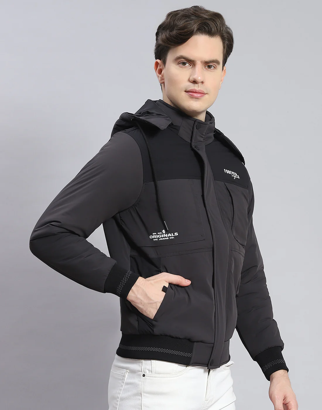 Men Grey Solid Hooded Full Sleeve Jacket - Image 4