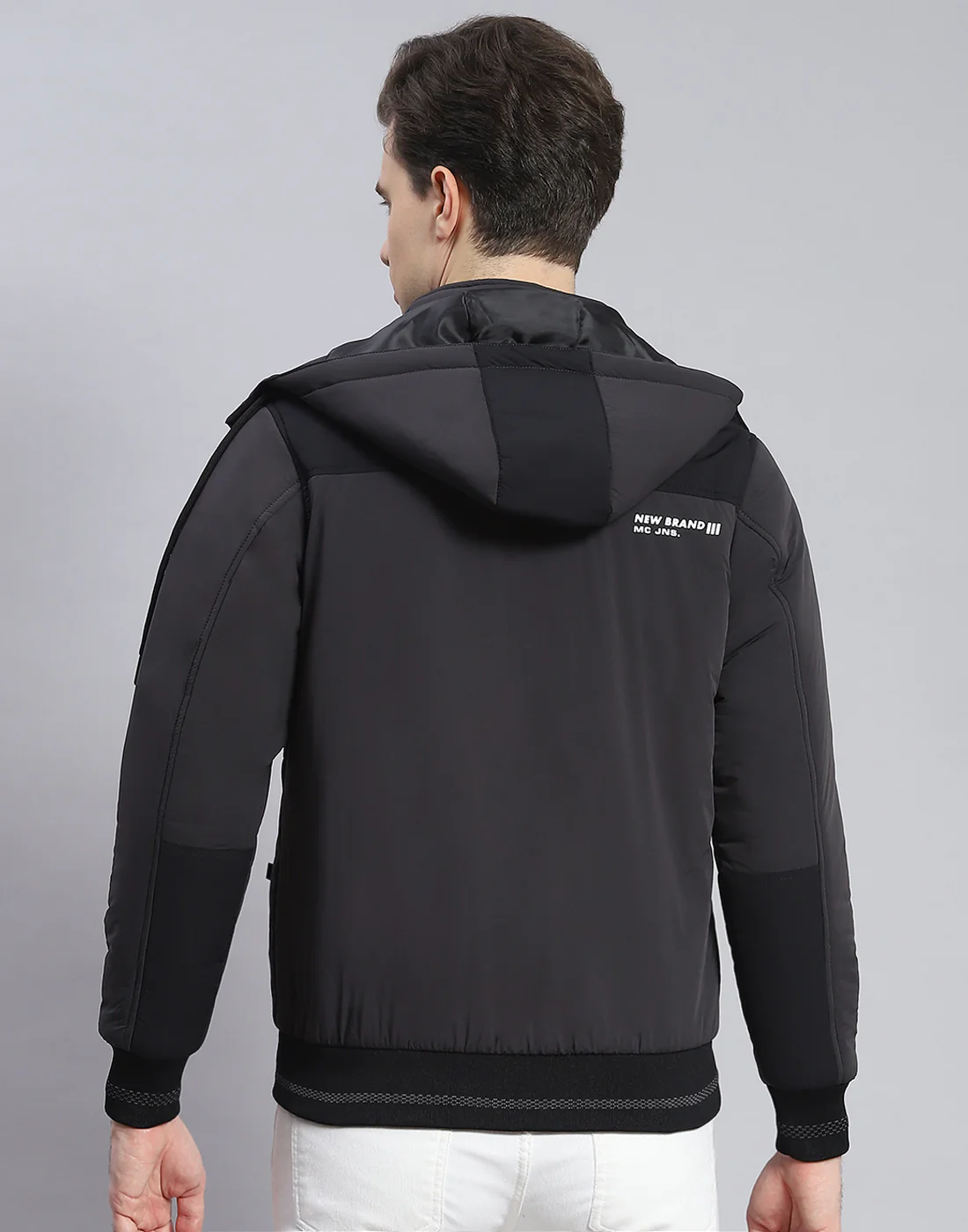 Men Grey Solid Hooded Full Sleeve Jacket - Image 5