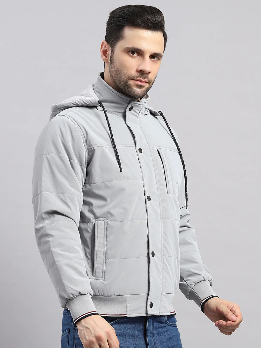 Men Grey Solid Hooded Full Sleeve Jacket - Image 4