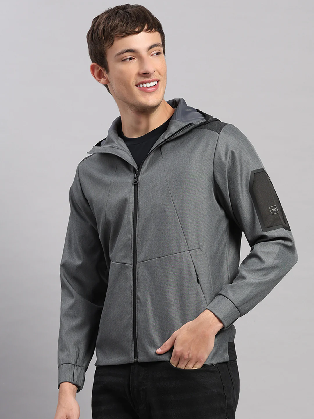 Men Grey Solid Hooded Full Sleeve Jacket - Image 3
