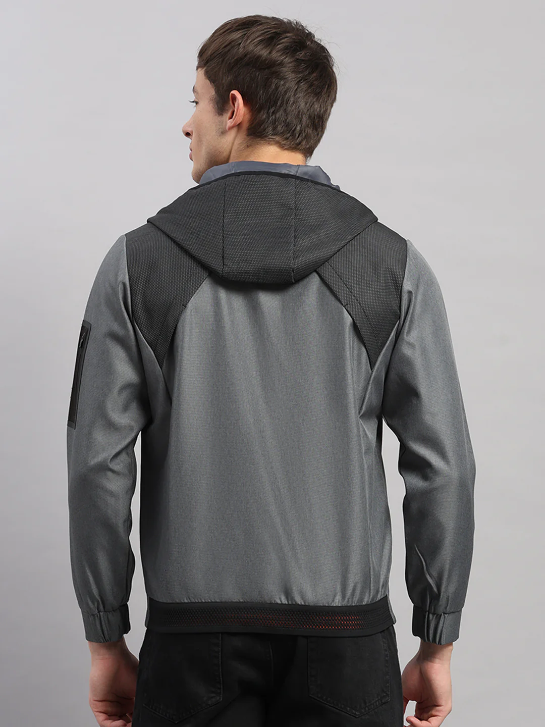 Men Grey Solid Hooded Full Sleeve Jacket - Image 5