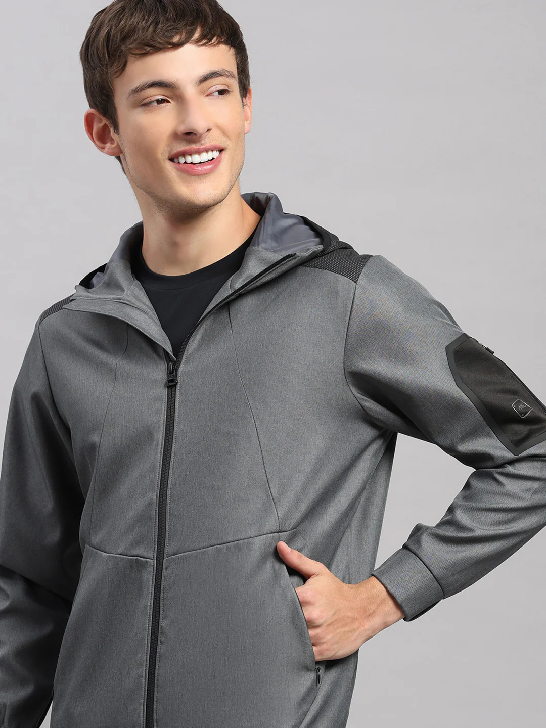 Men Grey Solid Hooded Full Sleeve Jacket - Image 6