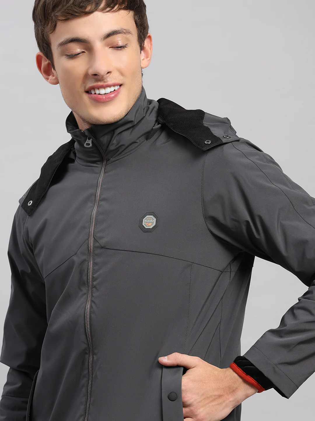 Men Grey Solid Hooded Full Sleeve Jacket - Image 10