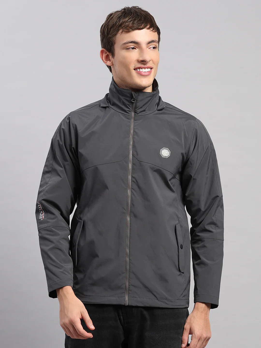 Men Grey Solid Hooded Full Sleeve Jacket - Image 6