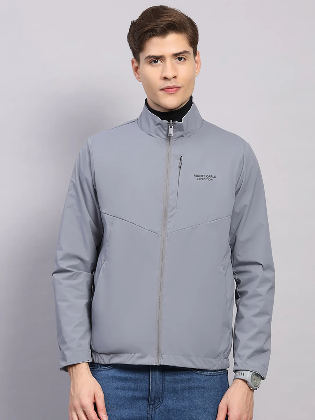 Men Grey Solid Hooded Full Sleeve Jacket - Image 6