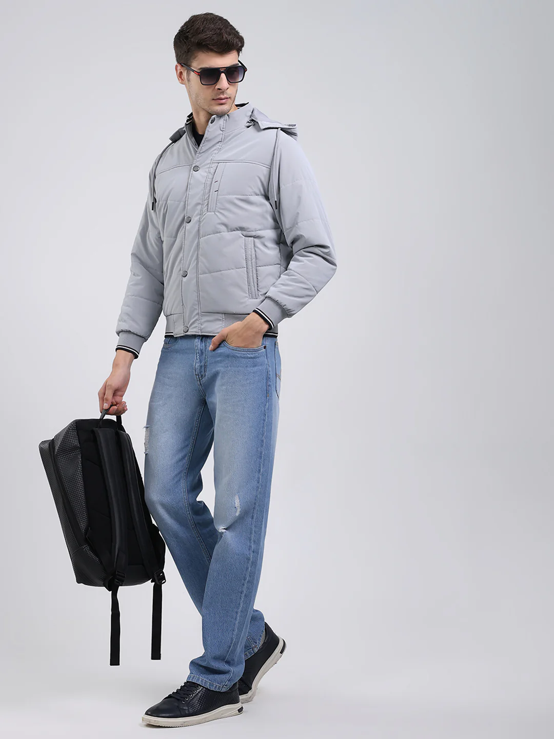 Men Grey Solid Hooded Full Sleeve Jacket - Image 2