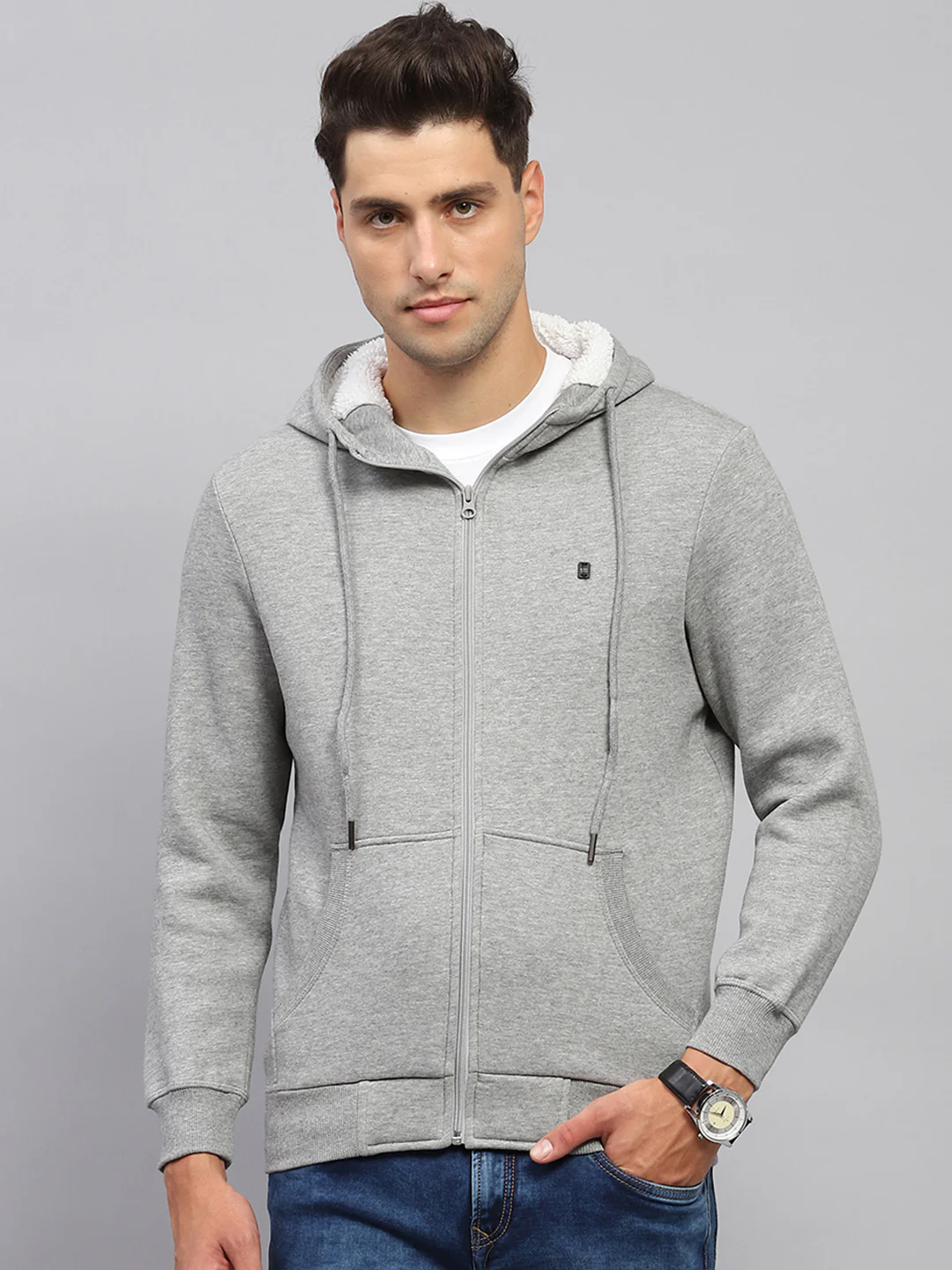 Men Grey Solid Hooded Full Sleeve Sweatshirt - Image 2