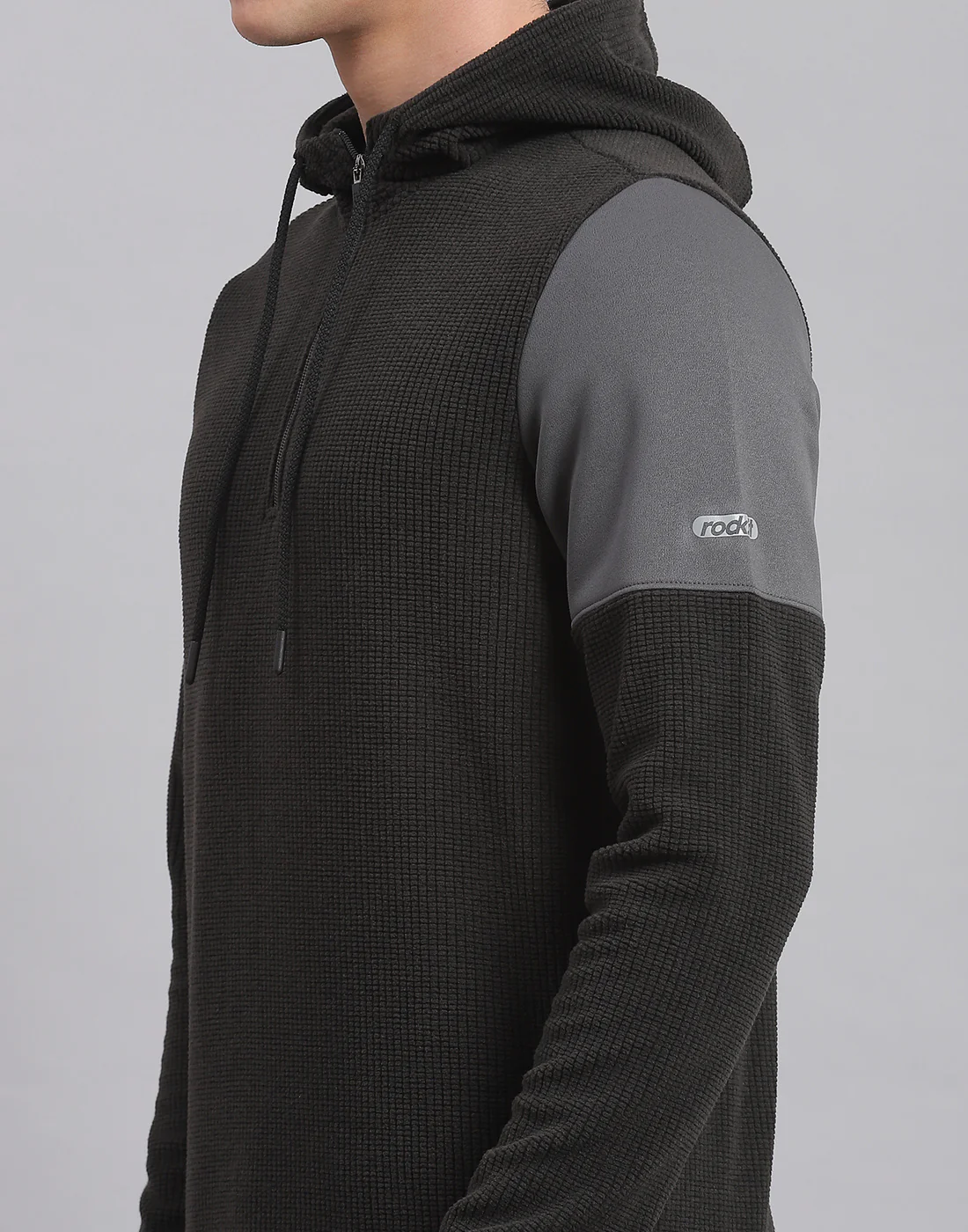 Rock.it Men Grey Solid Hooded Full Sleeve Sweatshirt - Image 6