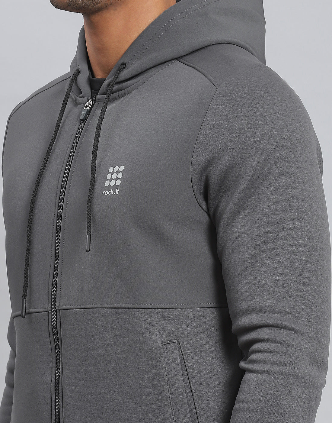 Rock.it Men Grey Solid Hooded Full Sleeve Sweatshirt - Image 6