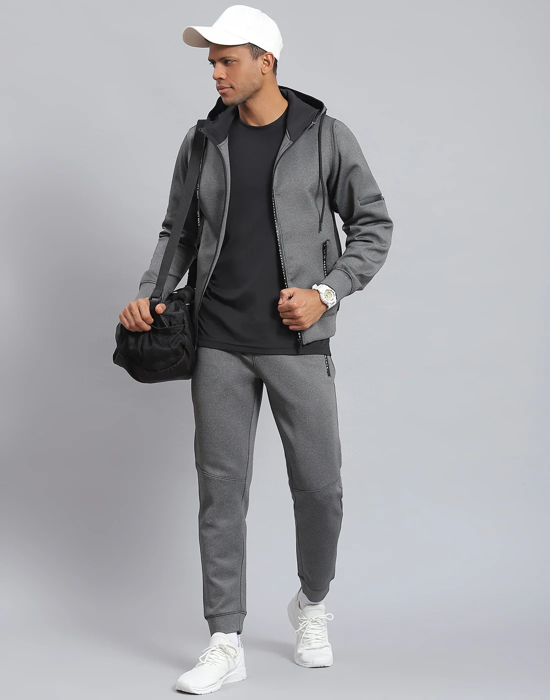 Rock.it Men Grey Solid Hooded Full Sleeve Sweatshirt - Image 2