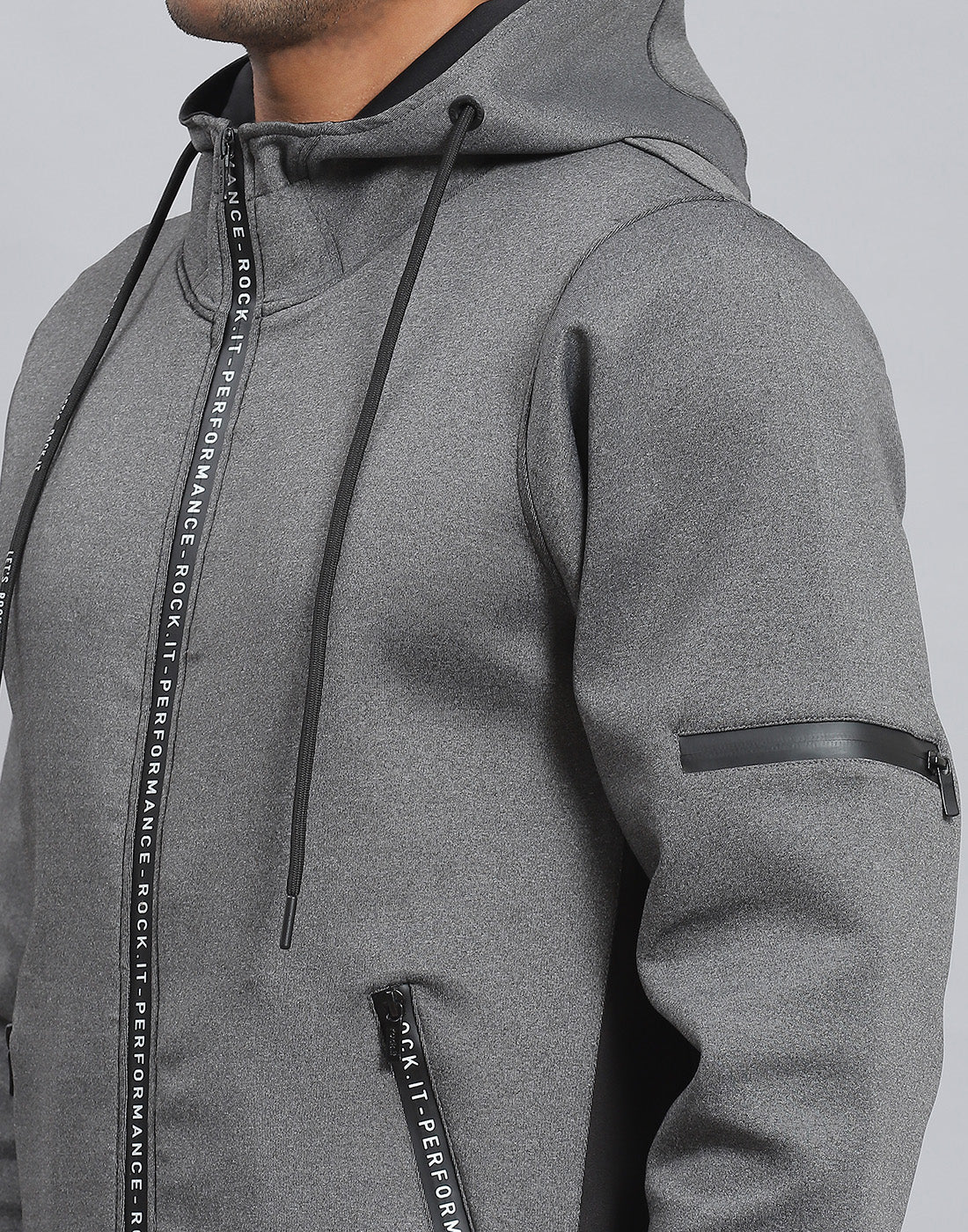 Rock.it Men Grey Solid Hooded Full Sleeve Sweatshirt - Image 6