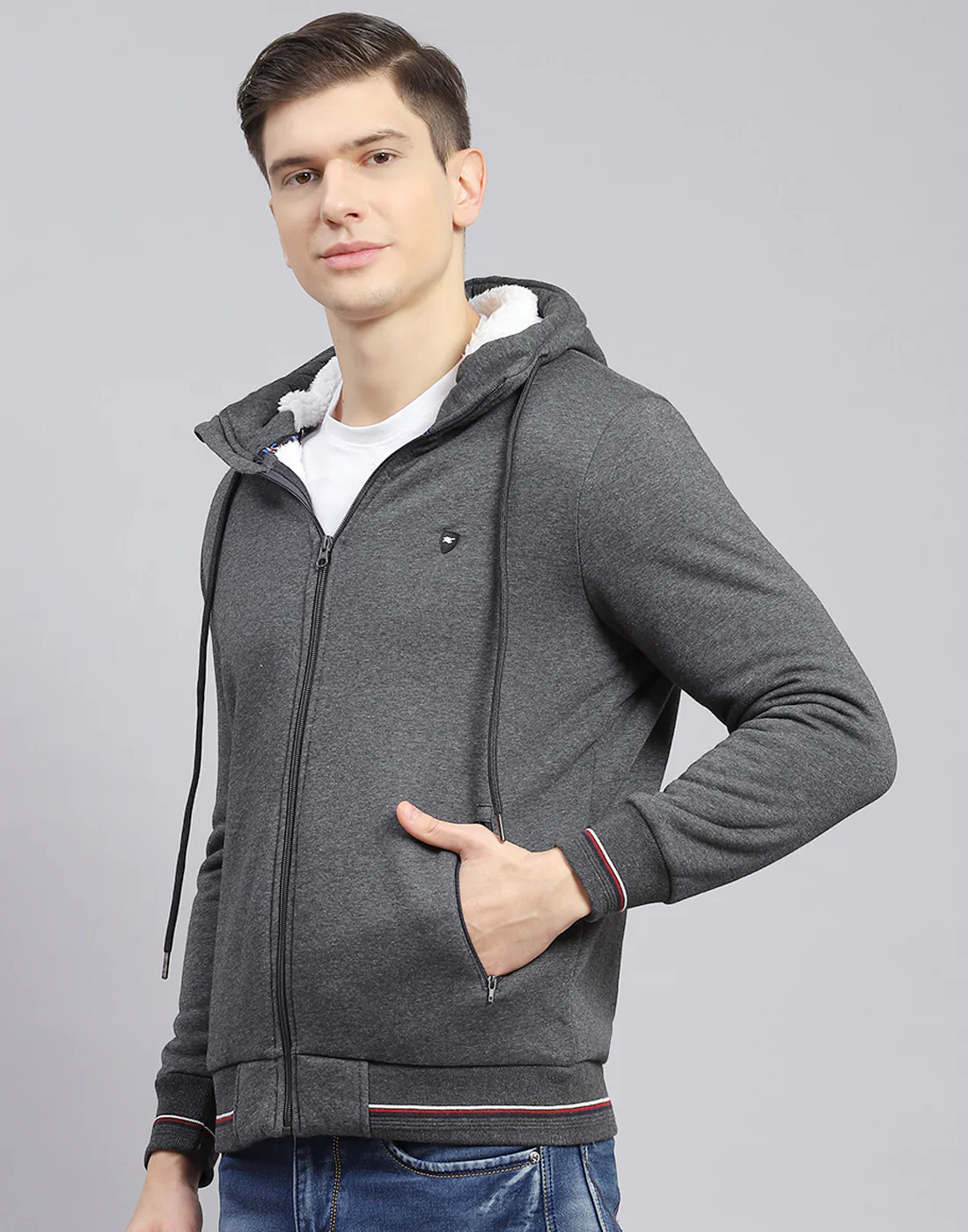 Men Grey Solid Hooded Full Sleeve Sweatshirt - Image 4