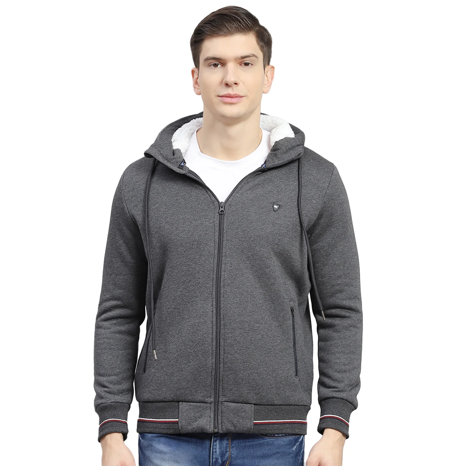 Men Grey Solid Hooded Full Sleeve Sweatshirt - Image 5