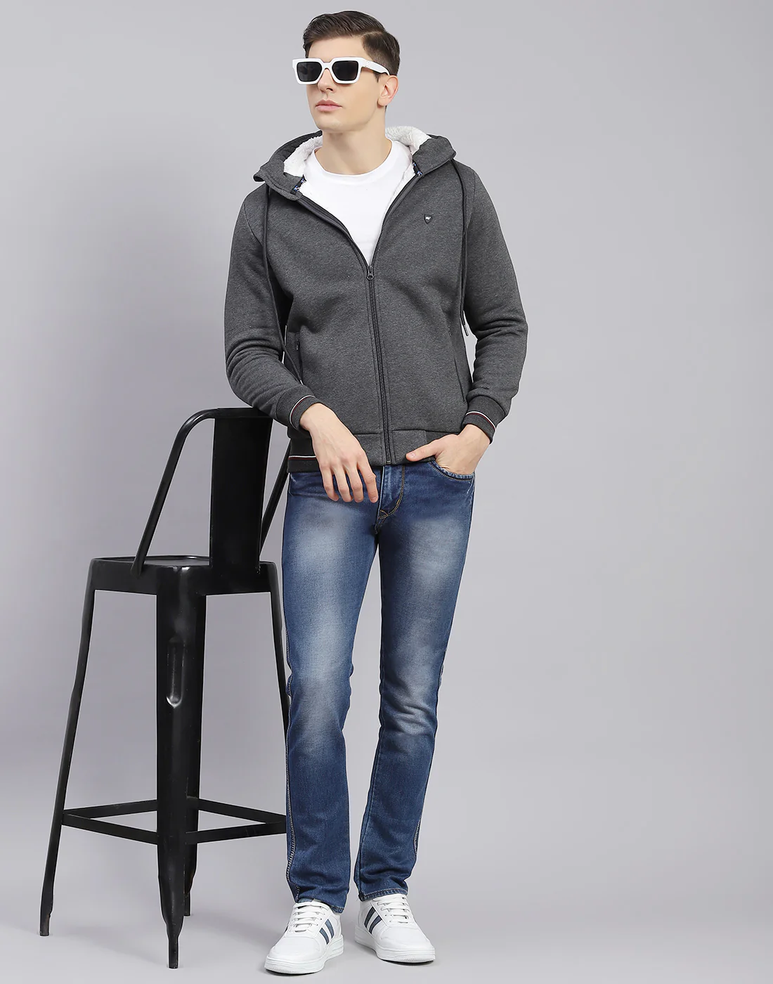 Men Grey Solid Hooded Full Sleeve Sweatshirt - Image 8