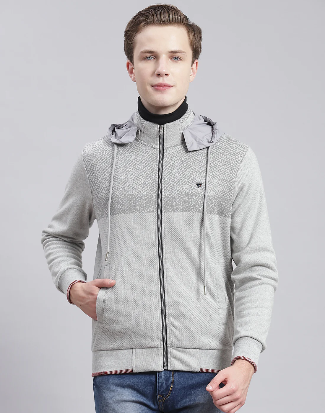 Men Grey Solid Hooded Full Sleeve Sweatshirt - Image 3