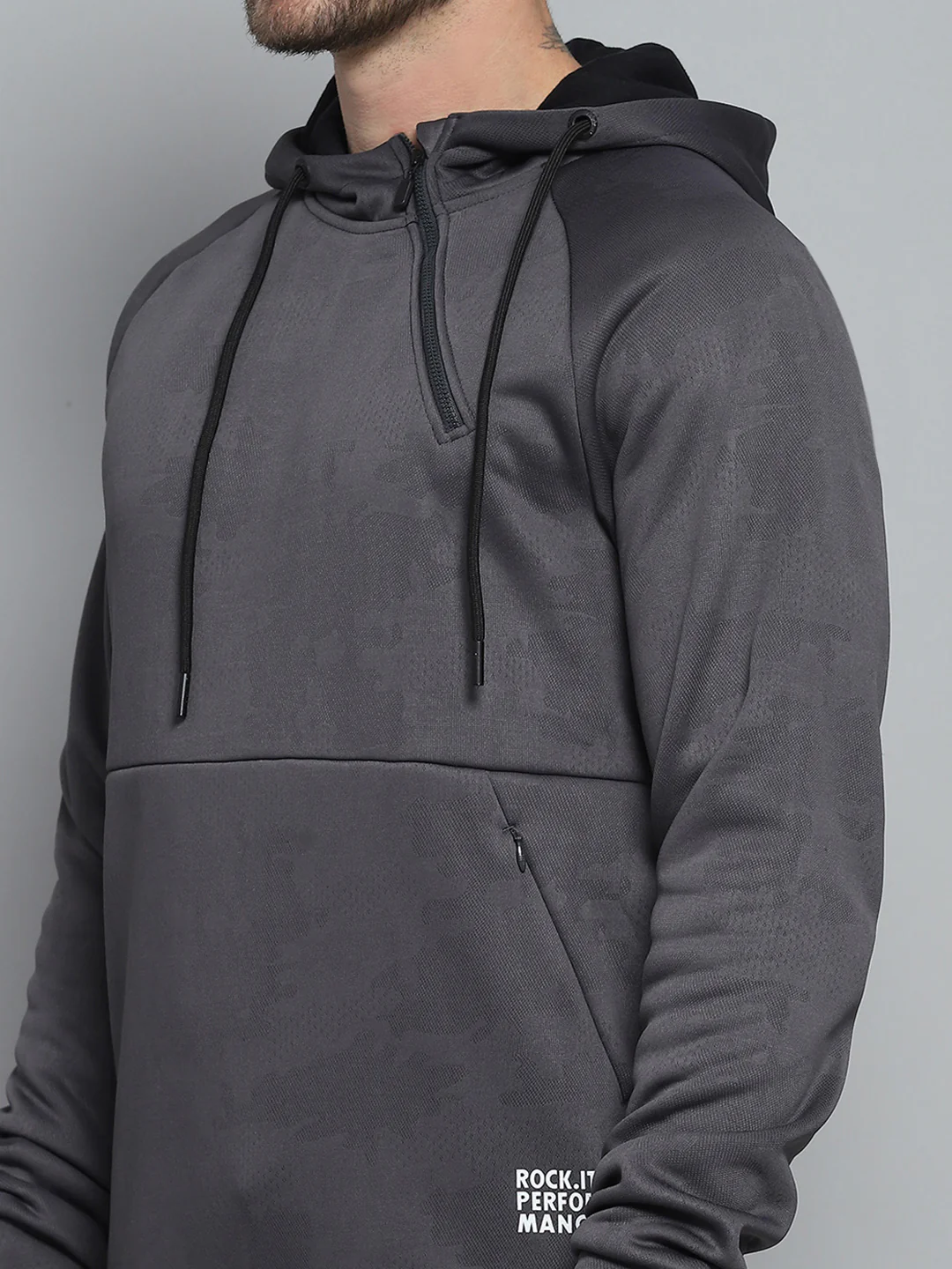 Rock.it Men Grey Solid Hooded Full Sleeve Sweatshirt - Image 7