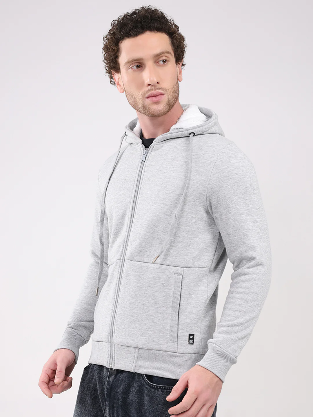 Men Grey Solid Hooded Full Sleeve Sweatshirt - Image 3