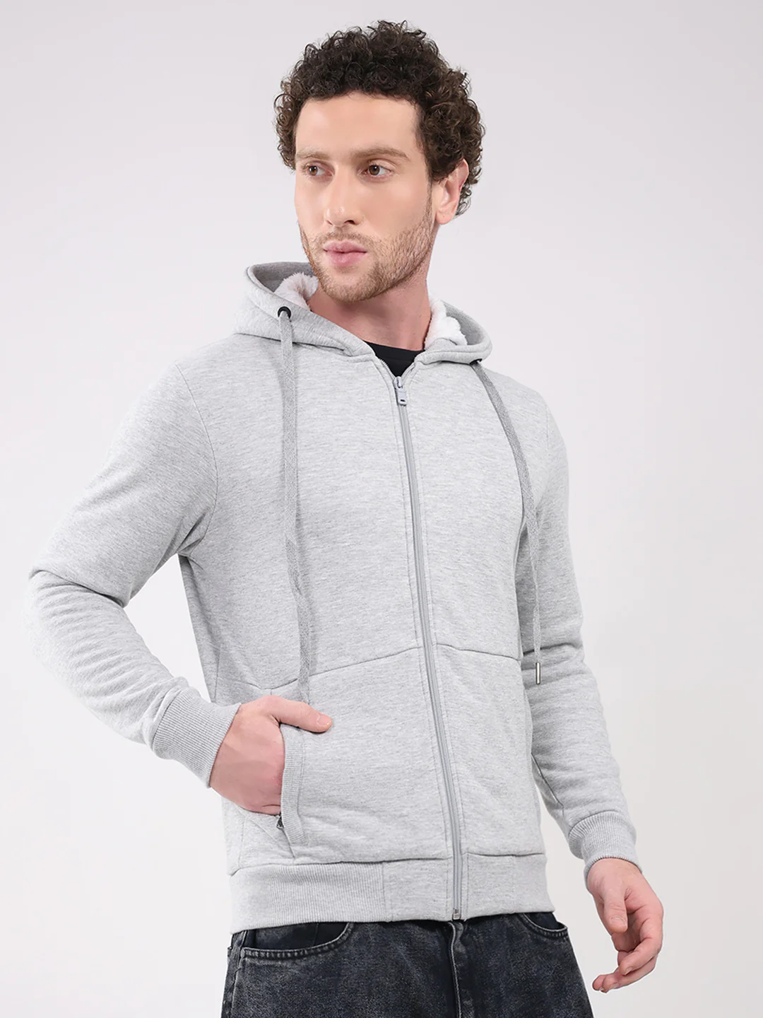 Men Grey Solid Hooded Full Sleeve Sweatshirt - Image 4