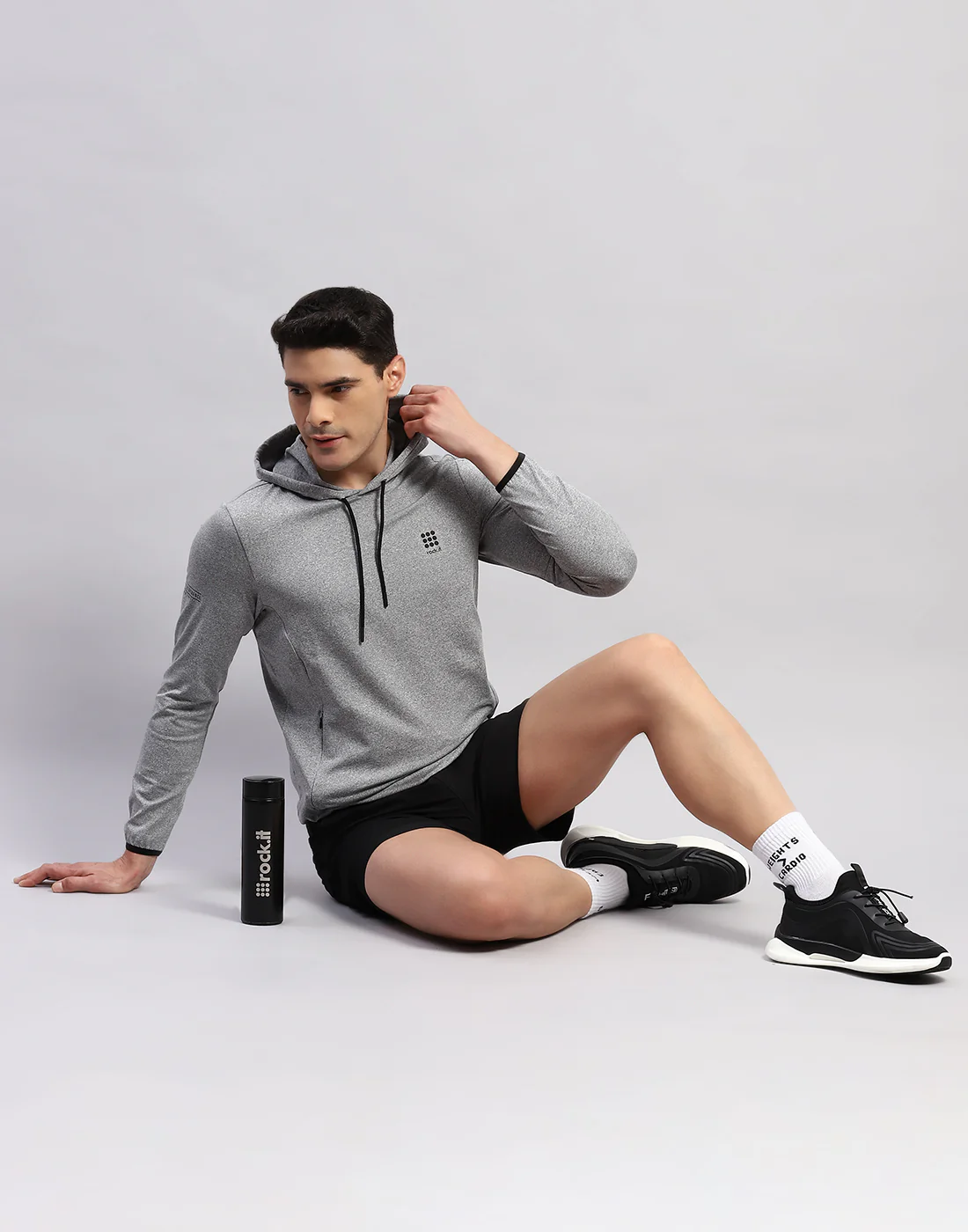 Rock.it Men Grey Solid Hooded Full Sleeve T-Shirt - Image 2