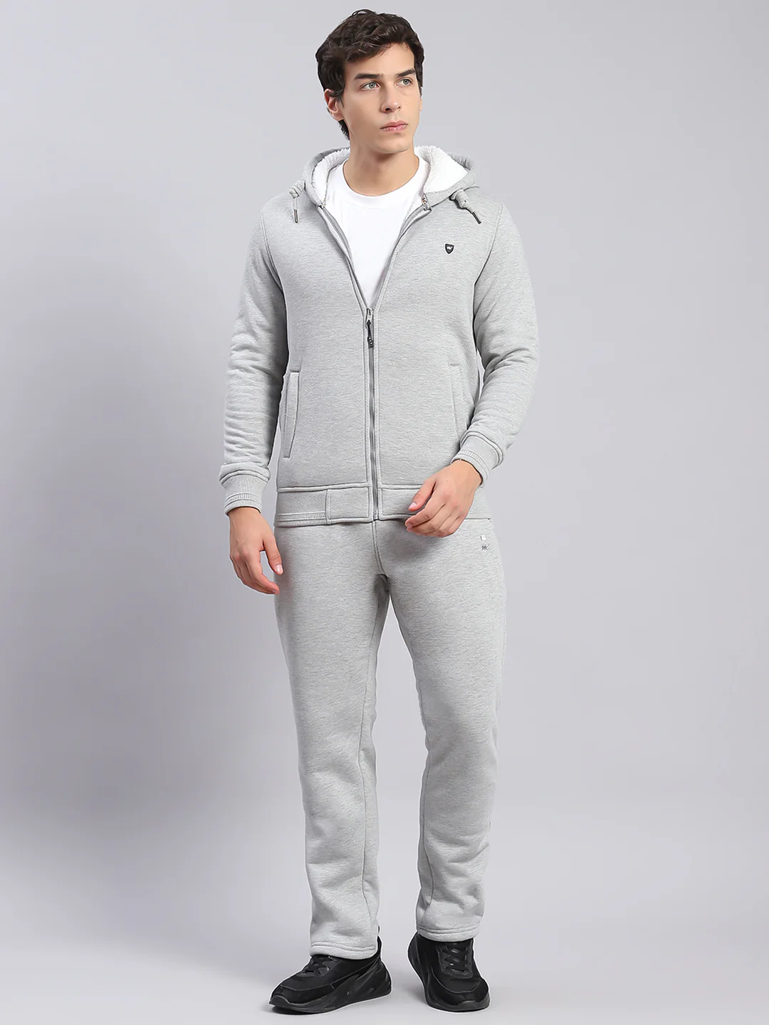 Men Grey Solid Hooded Full Sleeve Tracksuits - Image 2